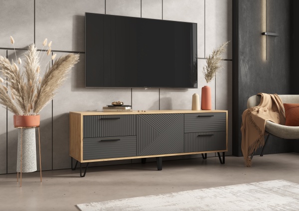 Гостиная Флэш Тумба ТВ (1500) МИФ (Браш Графит, Дуб Крафт золото)