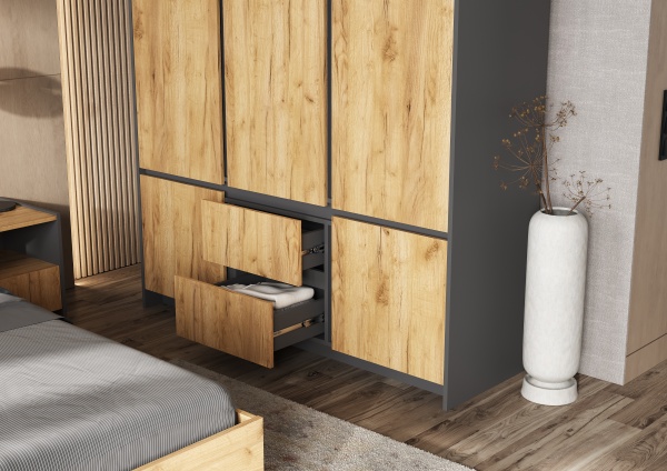 Спальный гарнитур Остин Кровать парящая 1,6м с ПМ МИФ (Дуб Крафт золото/Графит, Дуб Крафт)