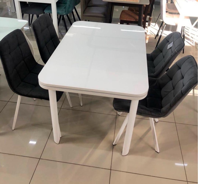 Стол Одиссей Мини Стекло 900 Ваша Мебель (Стекло белое, мдф белый, опора №7 муар белый (900(1500)х650))