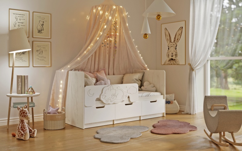 Детская серия Юниор-4 Кровать 1,6*0,8м МИФ (Шарли Белый/Дуб Крафт Белый)