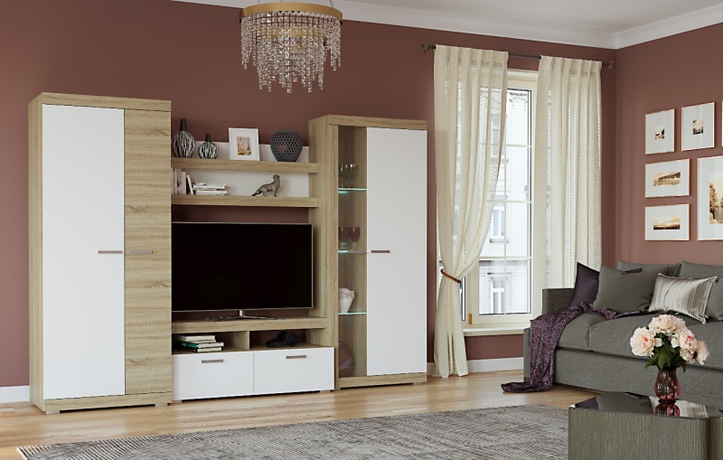 Гостиная Соната ШВС-800: Шкаф-витрина ПАМИР (Сонома-Белый глянец)