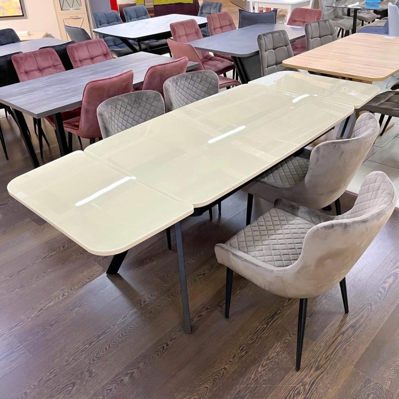 Стол Кронос Стекло 1400 Ваша Мебель (стекло бежевое, МДФ бежевый, каркас муар черный+Опора №12 черная (1400(2200)х850) СНЯТ)