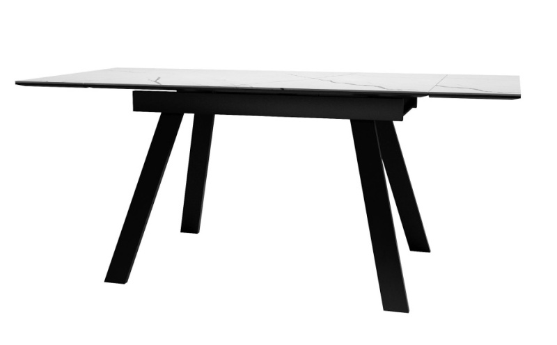 Стол Атлант Керамика 1400 Ваша Мебель (керамика ДГ-3 Мрамор белый, МДФ+пленка черная, Опора №12 мет.краш муар черный(1400(2200)х850) СНЯТ)