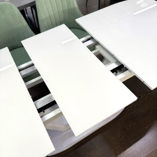 Стол Дионис Стекло 1600 Ваша Мебель (Стекло белое, мдф белый, каркас белый, колонна декор №3 V-образный белый (1600/2000*900*750))