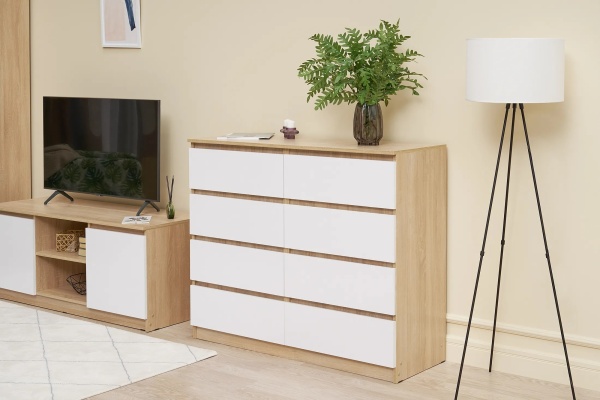 Челси Комод 8 ящиков МИФ (Белый глянец холодный, дуб сонома)
