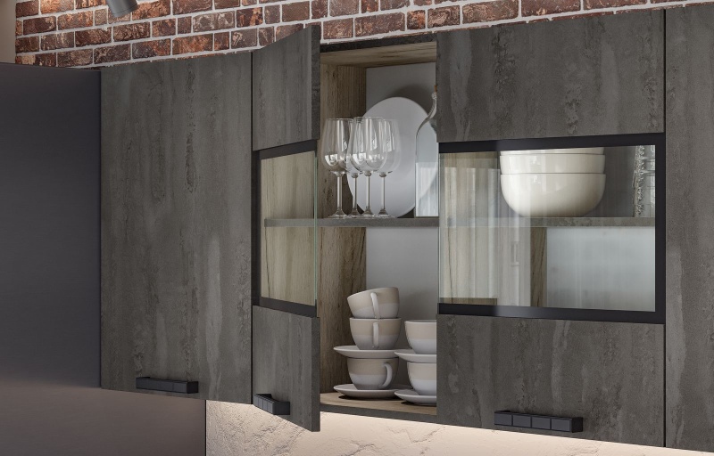 Кухня Эдинбург 2,0 СТЕНД (фасад ЖЕЛЕЗНЫЙ КАМЕНЬ/корпус ДУБ КРАФТ СЕРЫЙ (2,000Х2,160Х0,600))