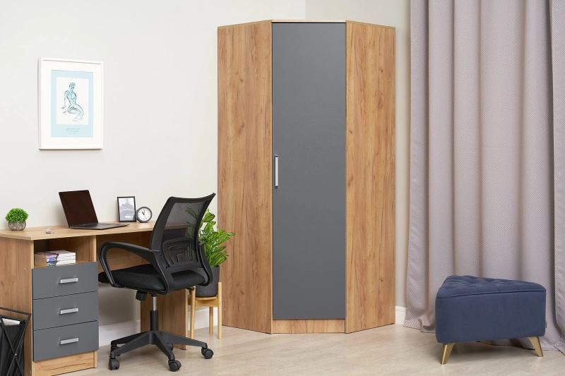 Спальный гарнитур Мартина Шкаф угловой для одежды 850 МИФ (Графит, Дуб крафт золото)