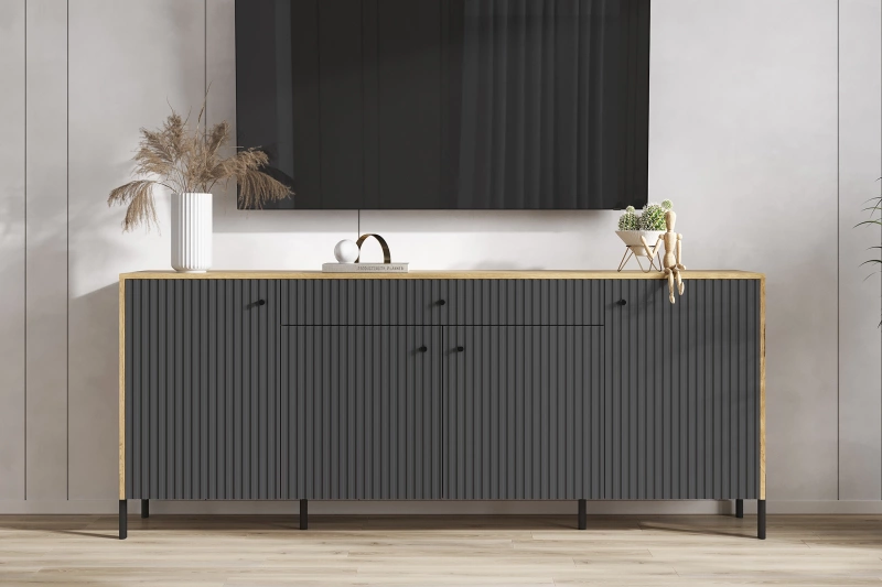 Гостиная Оливия Комод (металл) МИФ (Дуб Крафт золото, Графит Софт NEW)