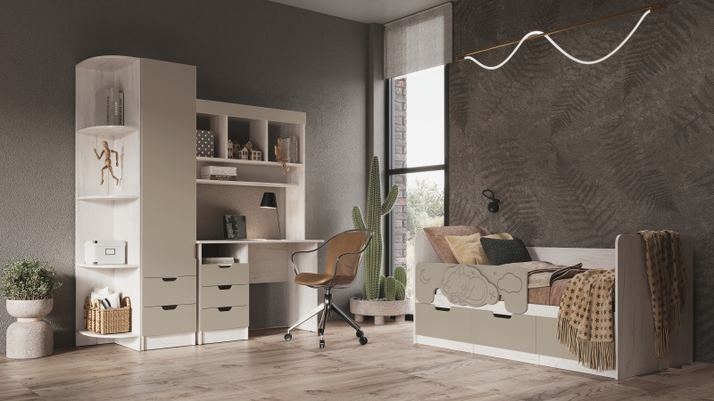 Детская серия Юниор-4 Кровать 1,6*0,8м МИФ (Шарли Мокко/Дуб Крафт Белый)