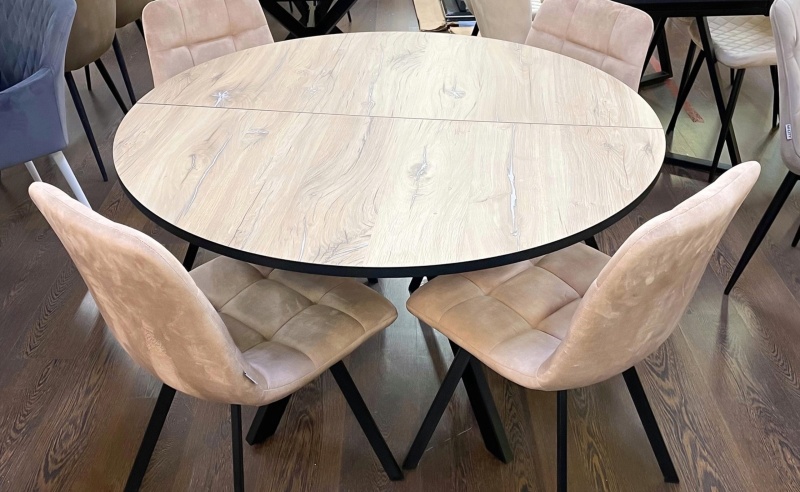 Стол Бахус Пластик 1200 Ваша Мебель (пластик компакт 2052 дуб вотан, мдф черный, каркас основание черное (d=1200(1600)))