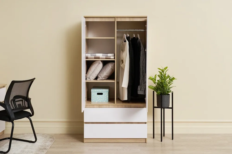 Челси Шкаф 2-х ств (2УПК) с антресоль-тумба универсальная МИФ (Белый глянец холодный, дуб сонома)