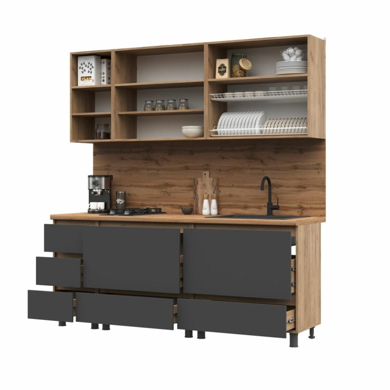 Кухня Хелен/Люмо 2,0 СТЕНД/ТВД (фасад СЕРЫЙ ГРАФИТ 0162/корпус ДУБ КРАФТ ЗОЛОТО (2,0х2,168х0,6))