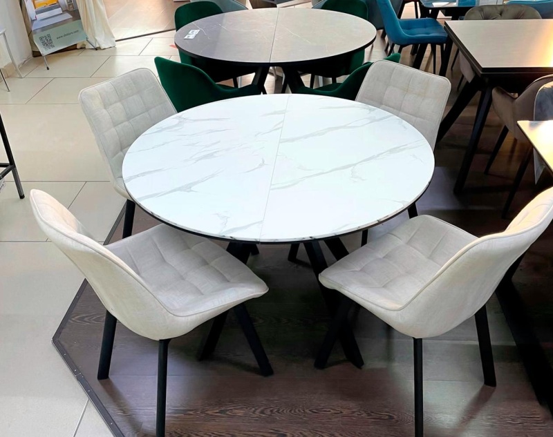 Стол Бахус Керамика 1000 Ваша Мебель (керамика 23ВG Oriental Aoxue мрамор белый глянец, мдф+пленка черный,каркас МУАР черный (d=1000(1320)))