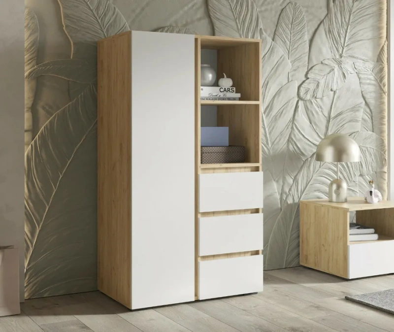 Хелен/Люмо ШК 03 Шкаф СТЕНД/ТВД (фасад БЕЛЫЙ/корпус ДУБ КРАФТ ЗОЛОТО)