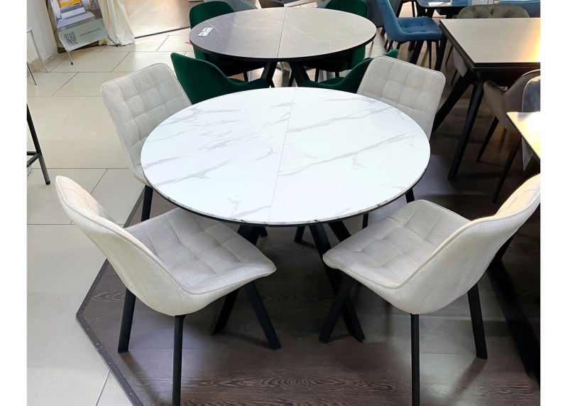 Стол Бахус Керамика 1200 Ваша Мебель (Керамика 07 BG Senades мрамор белый глянец, мдф черный, опоры муар черные (d=1200(1600)))