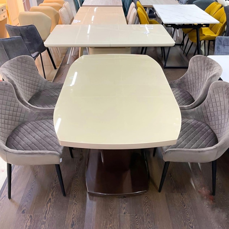 Стол Дионис Стекло 1400 Ваша Мебель (стекло бежевое, мдф коричневый, каркас коричневый, колонна декор №3 V-образный (1400/1800*850*750))