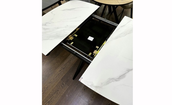 Стол Лоренцо Керамика 1100 Ваша Мебель (Керамика ДГ-4 мрамор серый, мдф+пленка черная, каркас муар черный+основание Лоренцо (1100(1420)х1100))