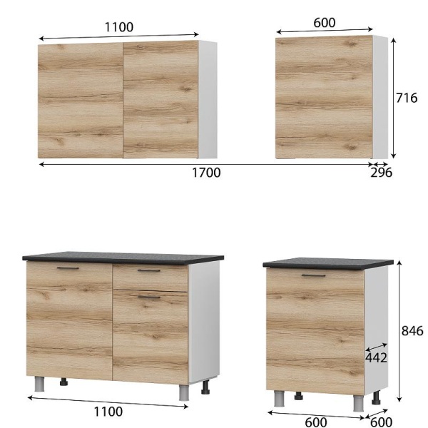 Кухонный гарнитур "Лаванда" (со столешницей) SV-мебель (Белый / Дуб Делано / Чёрный матовый)