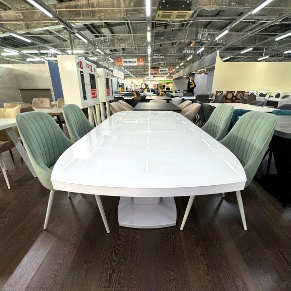 Стол Дионис Стекло 1600 Ваша Мебель (Стекло белое, мдф белый, каркас белый, колонна декор №3 V-образный белый (1600/2000*900*750))