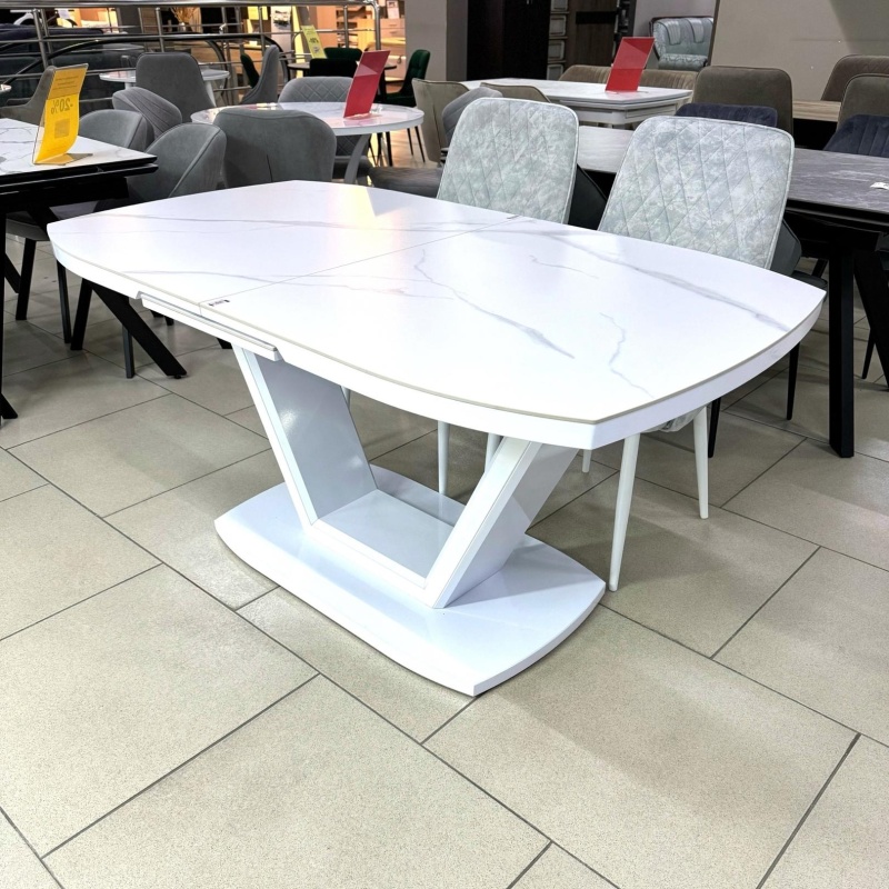 Стол Дионис Керамика 1600 Ваша Мебель (Керамика ДГ-3 Мрамор белый, мдф белый, колонна декор №3 V-образное белый (1600/2000*900*750))