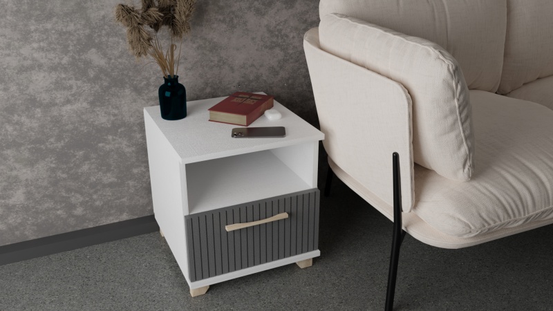 Копенгаген Тумба прикроватная с ящиком (12 СТУЛЬЕВ) (Корпус: ЛДСП Белый, Фасад: МДФ Серый графит)