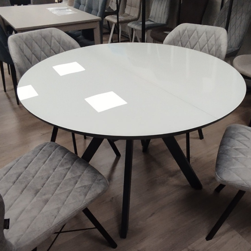 Стол Бахус Стекло 1100 Ваша Мебель (стекло белое/мдф черный/каркас основание МУАР черный (d=1100(1420)))