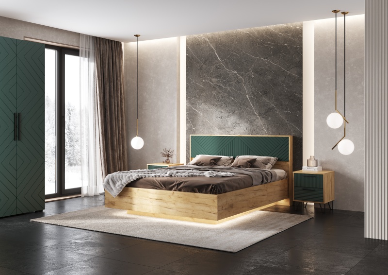 Спальный гарнитур Флэш Кровать парящая 1,6м (ортопед дерево) МИФ (Браш Мени Грин, Дуб Крафт золото)