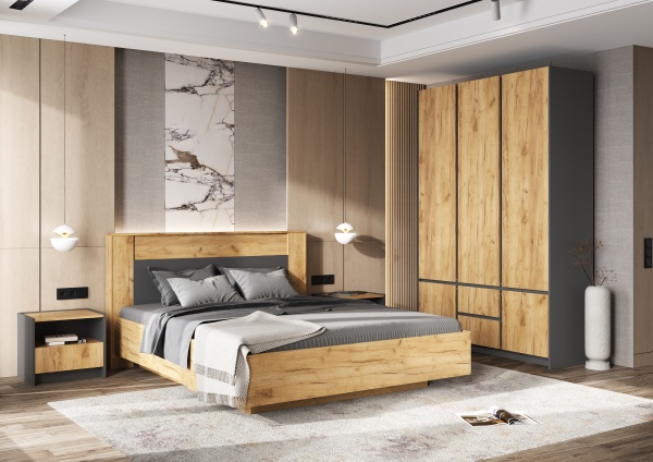 Спальный гарнитур Остин Кровать парящая 1,6м с ПМ МИФ (Дуб Крафт золото/Графит, Дуб Крафт)