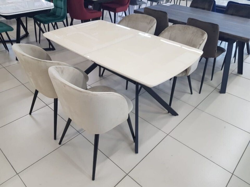 Стол Олимп Стекло 1600 Ваша Мебель (стекло бежевое/мдф беж/основание X МУАР черный (1600(2000)х900))