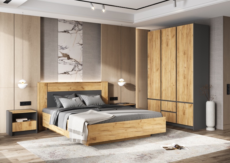 Спальный гарнитур Остин Кровать парящая 1,6м (ортопед дерево) МИФ (Дуб Крафт золото/Графит, Дуб Крафт)