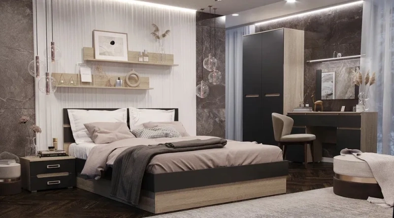 Спальный гарнитур Ким Тумбы прикроватные (в компл. 2шт, цена указана за 1ед.) МИФ (Графит софт, сонома СНЯТ)