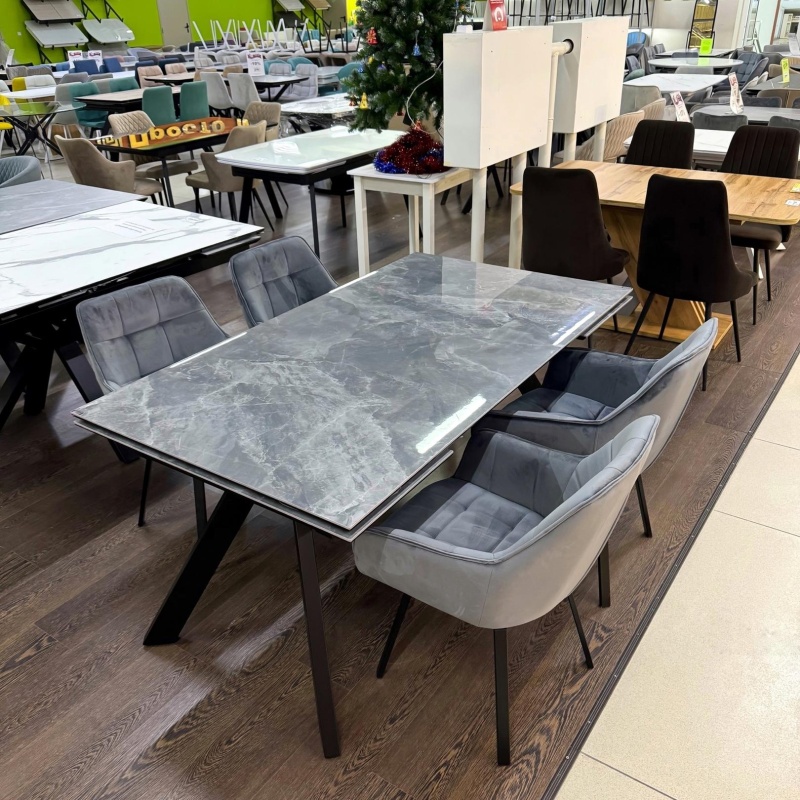 Стол Атлант Керамика 1400 Ваша Мебель (керамика ДГ-2 Мрамор черный осн.муар+Основание "Л"Н=670 МУАР черный (1400(2200)х850) СНЯТ)