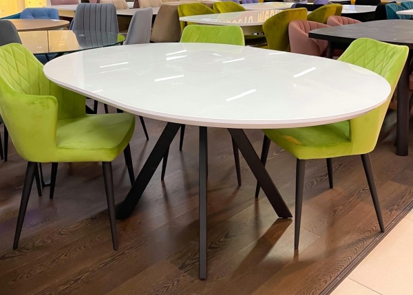 Стол Бахус Стекло 1000 Ваша Мебель (стекло белое,мдф белый,каркас основание МУАР черный (d=1000(1420)))