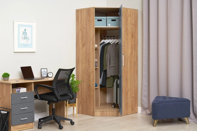 Спальный гарнитур Мартина Шкаф угловой для одежды 850 МИФ (Графит, Дуб крафт золото)