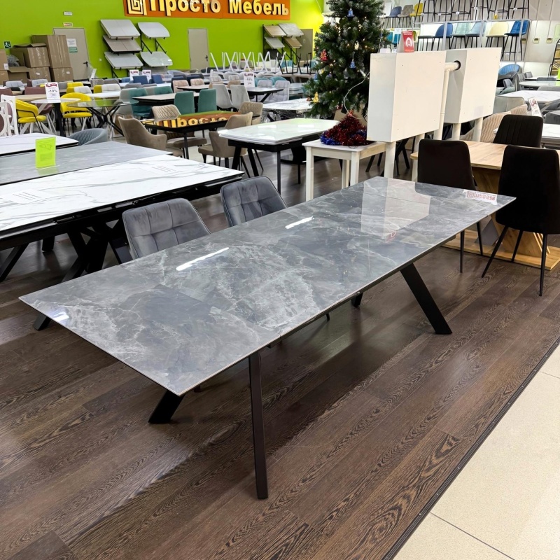 Стол Атлант Керамика 1400 Ваша Мебель (керамика ДГ-2 Мрамор черный осн.муар+Основание "Л"Н=670 МУАР черный (1400(2200)х850) СНЯТ)