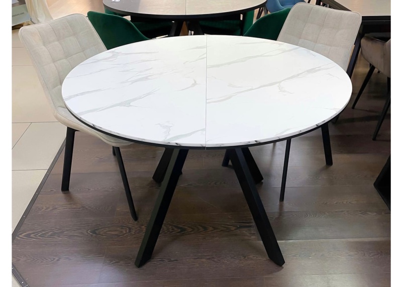 Стол Бахус Керамика 1000 Ваша Мебель (керамика ДГ-1 мрамор белый,мдф черный,каркас основание МУАР черный (d=1000(1320)))