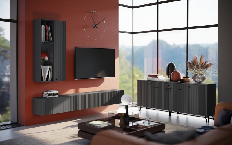 Гостиная Оливия Комод МИФ (Графит, Графит Глянец)