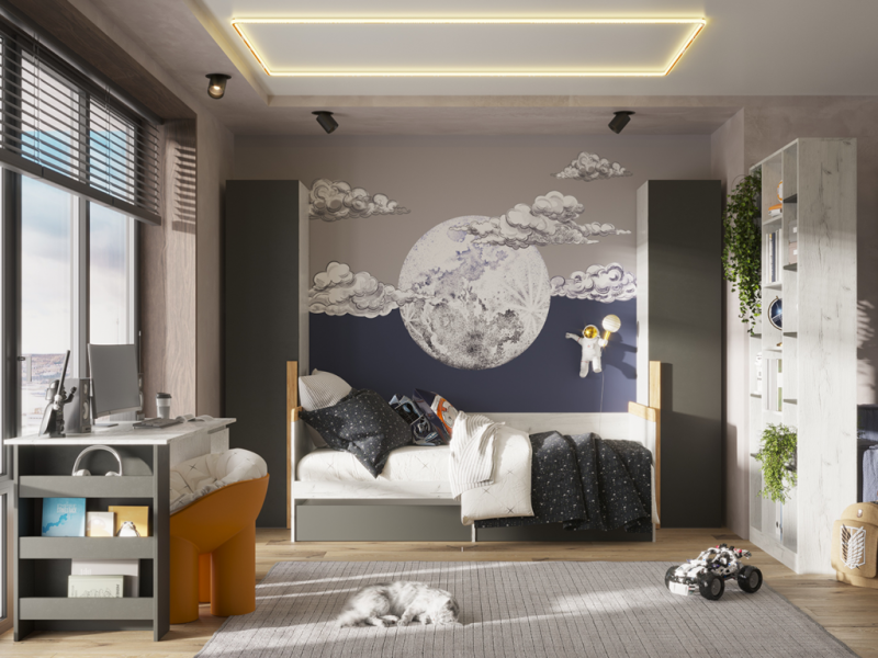 НКМ Кент-1 секция №2 стол с тумбой РОСТОК (Дуб Крафт Белый/Антрацит (1300*750*600))