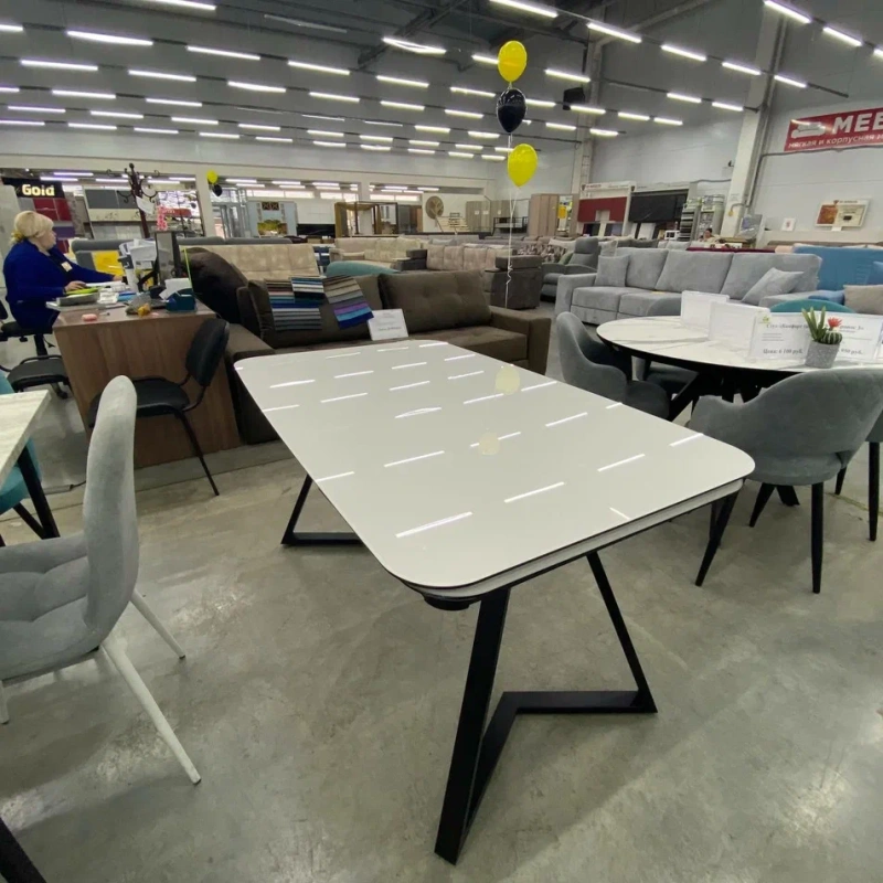 Стол Кронос Люкс Стекло 1400 Ваша Мебель (стекло белое, МДФ+пленка черная,каркас муар черный+Опора №10 мет.муар черный (1400(2200)х850))