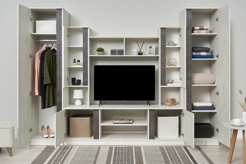 Гостиная Атлантида 5 МИФ (Бетон темный/Дуб Крафт Белый)