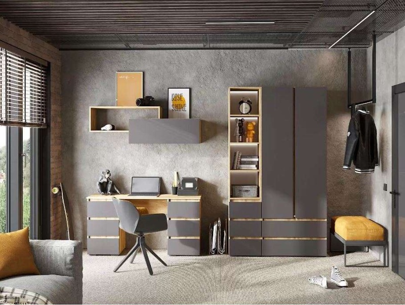 Хелен ШК 01 Шкаф 2-х ств. СТЕНД (фасад СЕРЫЙ ГРАФИТ 0162/корпус ДУБ КРАФТ ЗОЛОТО (800х2100х460))