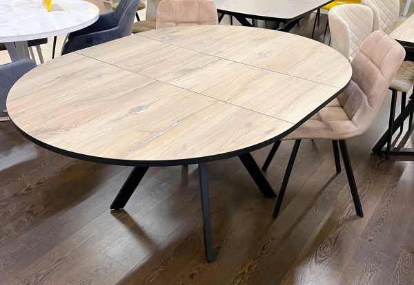 Стол Бахус Пластик 1200 Ваша Мебель (пластик компакт 2052 дуб вотан, мдф черный, каркас основание черное (d=1200(1600)))