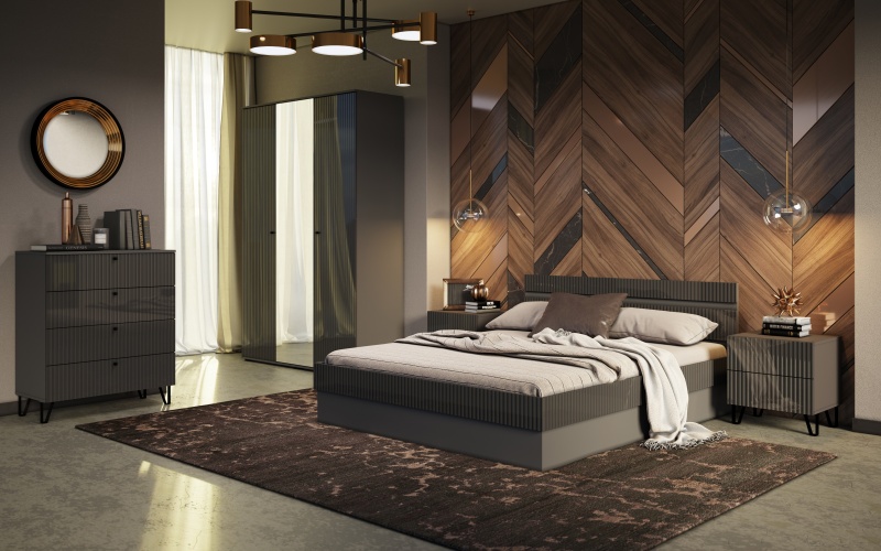 Спальный гарнитур Оливия Кровать 1,6м с ПМ МИФ (Графит софт/Графит СНЯТ)