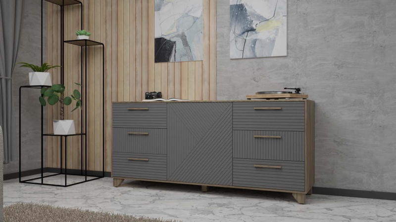 Копенгаген Комод (12 СТУЛЬЕВ) (Корпус: ЛДСП Дуб Самдал, Фасад: МДФ Серый графит)
