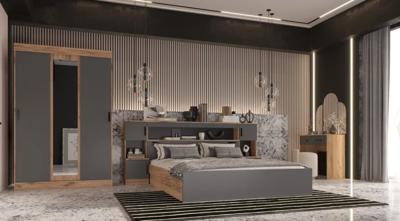 Бася Комод 3 ящика 1 дверь МИФ (Графит/Дуб крафт золото)