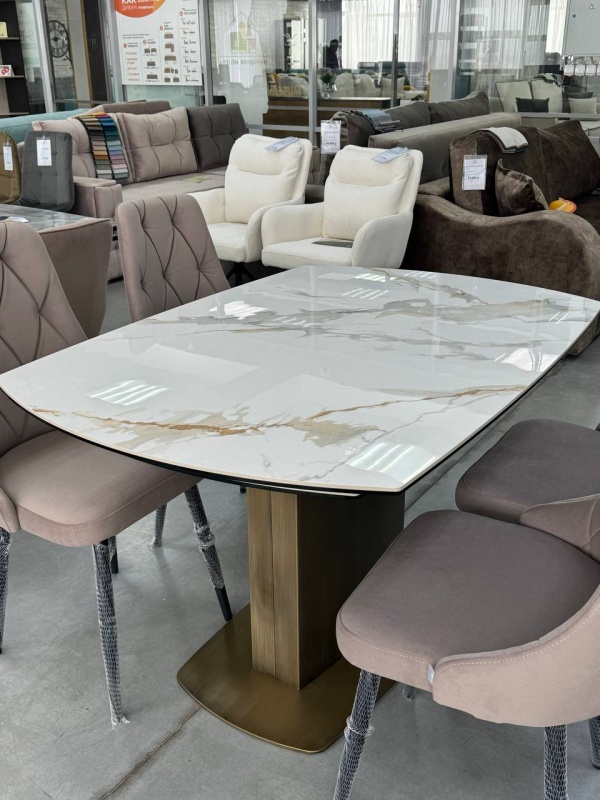 Стол Турин 2 Керамика (CDT-6004-66) КНР (Столешница Белый мрамор глянец, опоры бронза. Вращающийся обеденный стол. Столешница керамика 6 мм, стекло 6мм (1300(1900)*900*760))