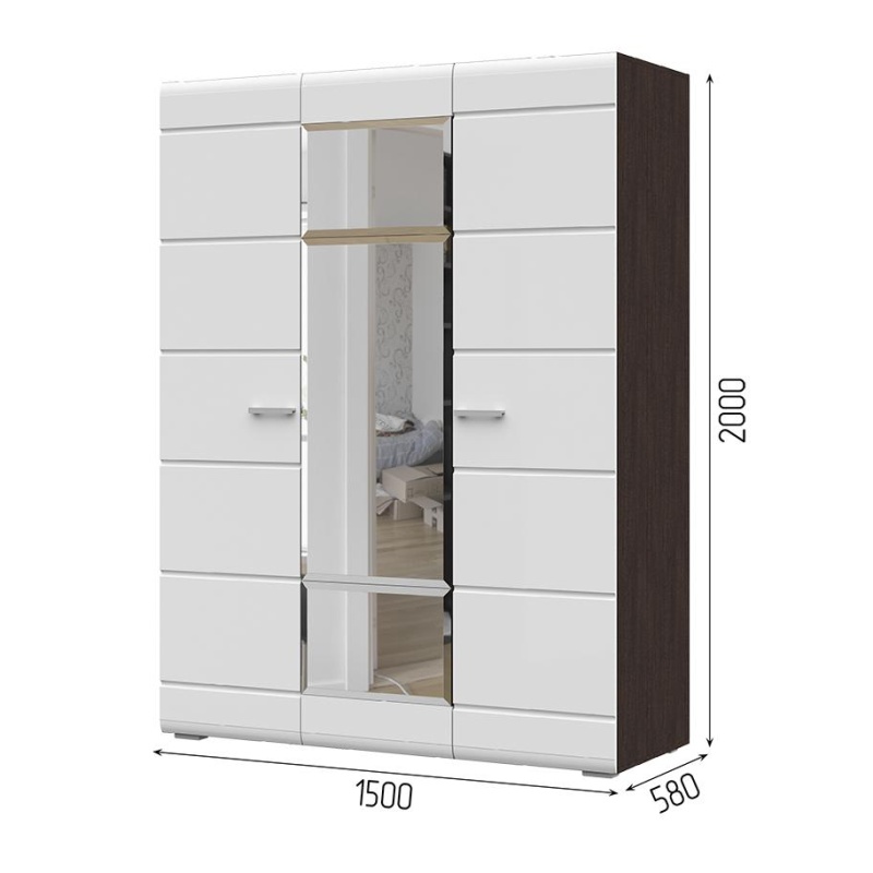 Спальня Вегас Шкаф 3-х ств. 1,5 СТЕНД (фасад МДФ БЕЛЫЙ ГЛЯНЕЦ/корпус ВЕНГЕ)