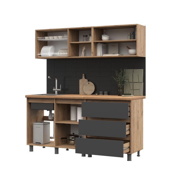 Кухня Хелен/Люмо 1,7 СТЕНД/ТВД (фасад СЕРЫЙ ГРАФИТ 0162/корпус ДУБ КРАФТ ЗОЛОТО)