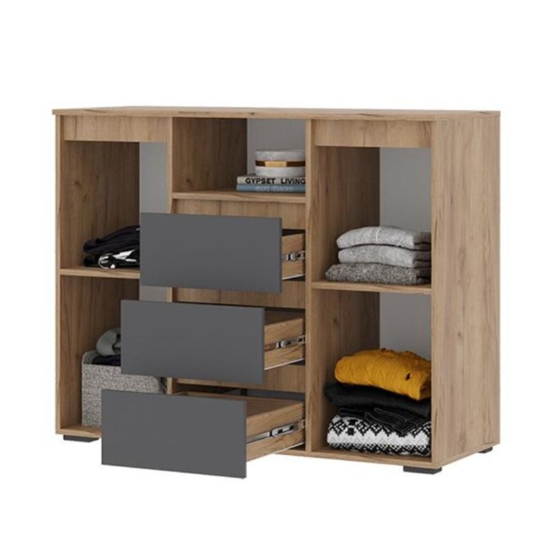 Хелен КМ 01 Комод 1202 СТЕНД (фасад СЕРЫЙ ГРАФИТ 0162/корпус ДУБ КРАФТ ЗОЛОТО)