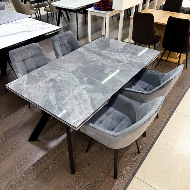 Стол Атлант Керамика 1400 Ваша Мебель (керамика ДГ-2 Мрамор черный осн.муар+Основание "Л"Н=670 МУАР черный (1400(2200)х850) СНЯТ)